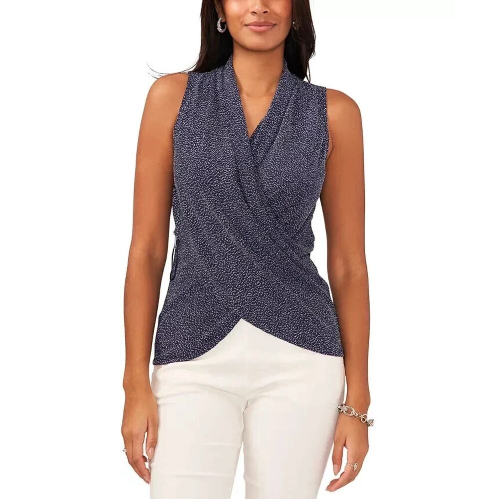 NWT MSK Glitter-Knit Crossover V-Neck Sleeveless Top, Navy/Silver Metal Size L